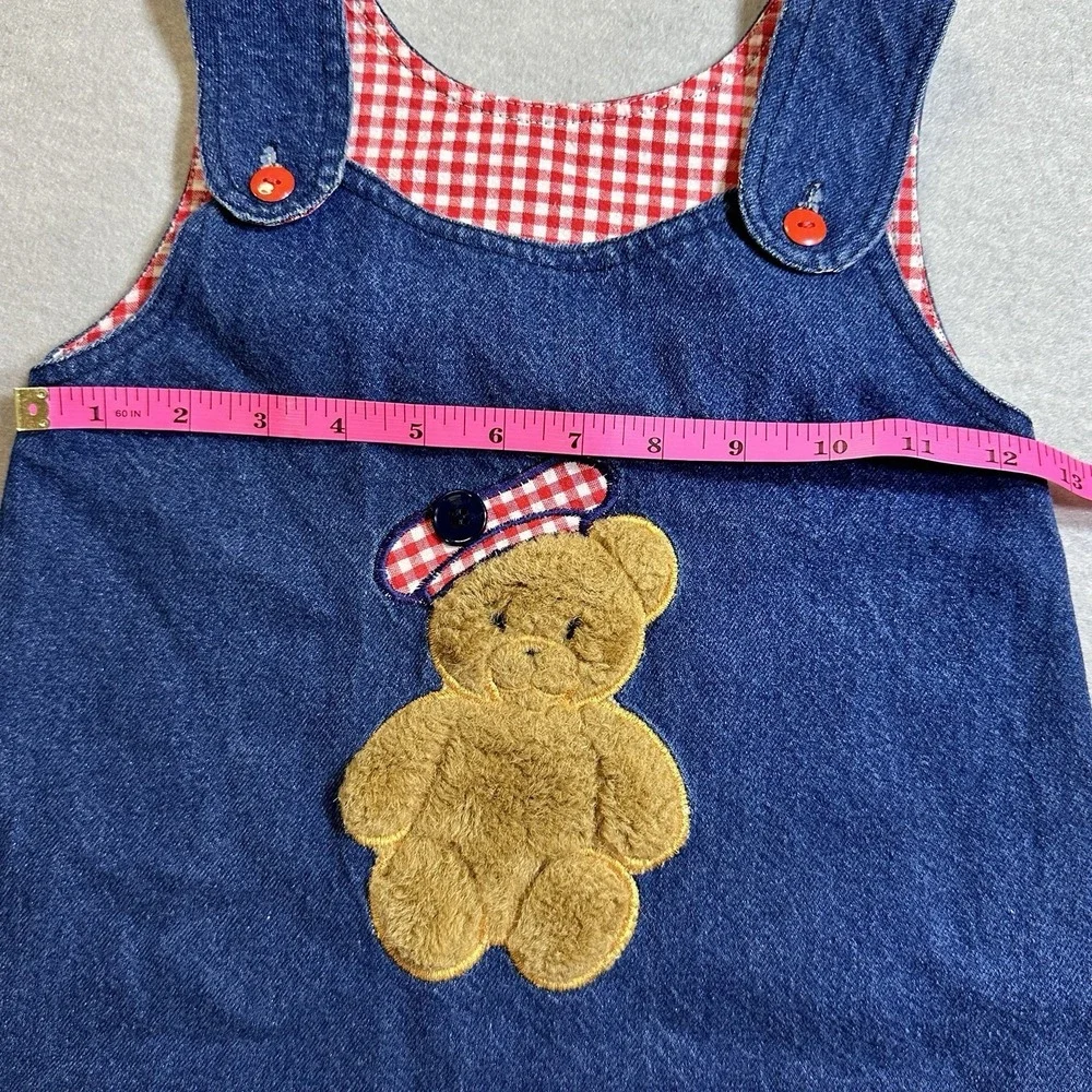 Hearts & Flowers Girls Size 4 Denim Jumper Dress Teddy Bear Gingham Vintage - Picture 2 of 8